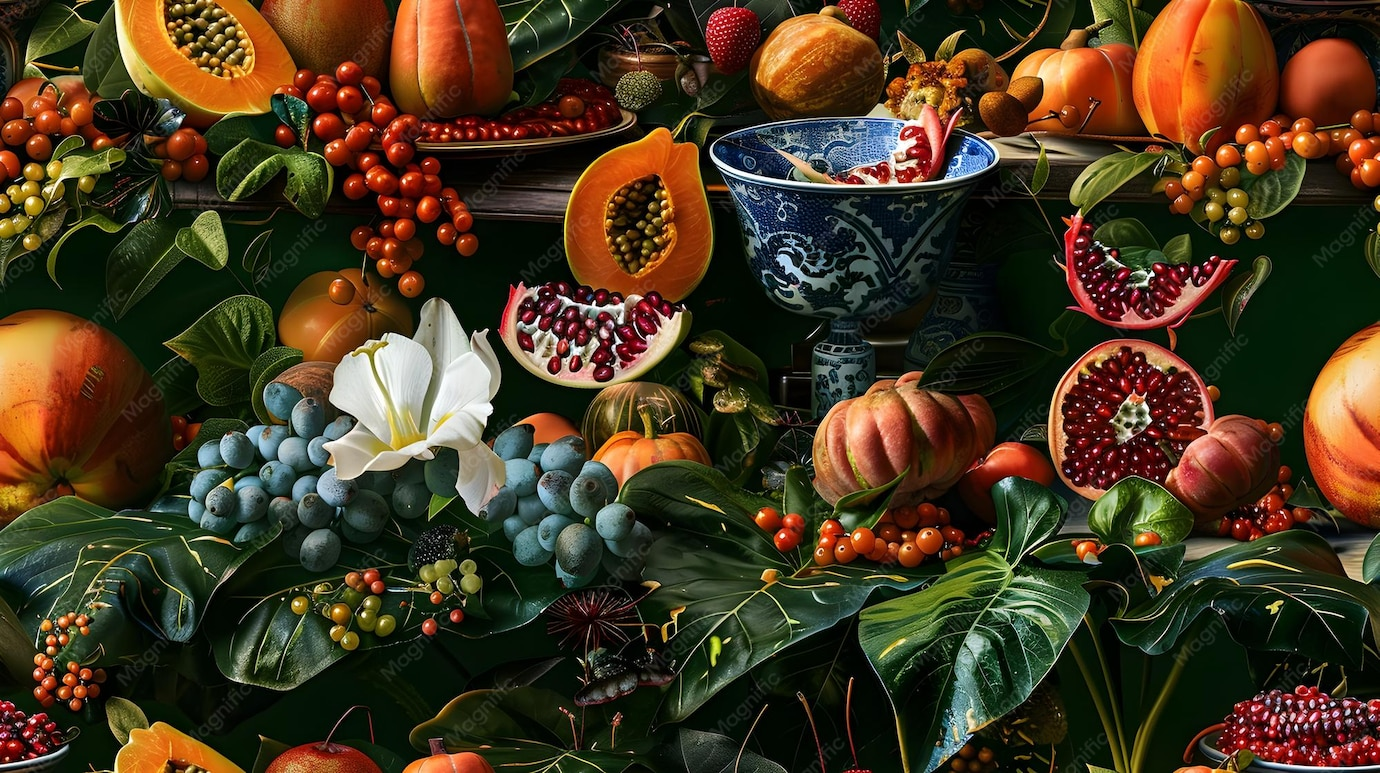 Baroque still life with fruit, flowers and a blue-and-white ceramic bowl