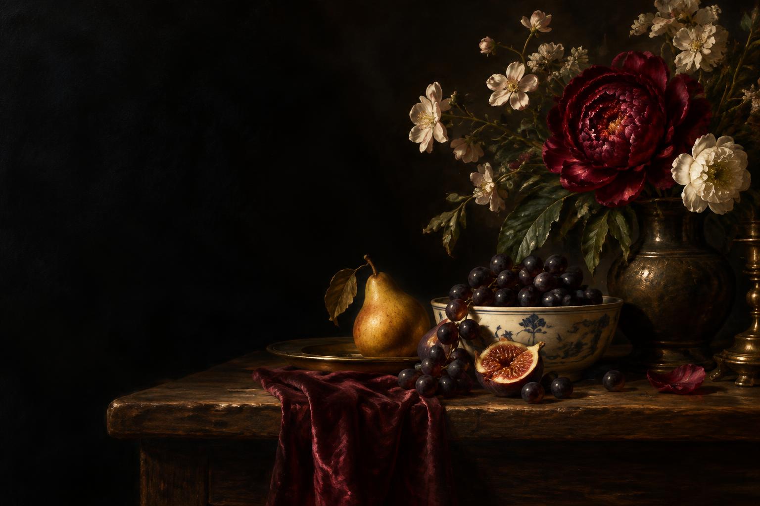 Painterly still life of flowers, fruit, and a dinner table in warm shadow
